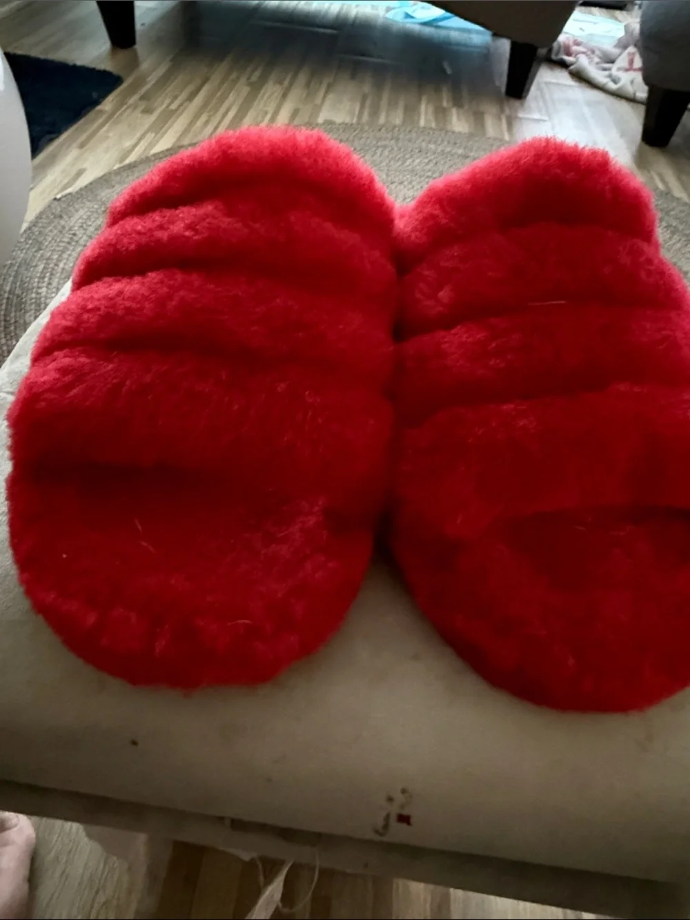 UGG Red Plush Slide Sandals with Logo Heel Strap